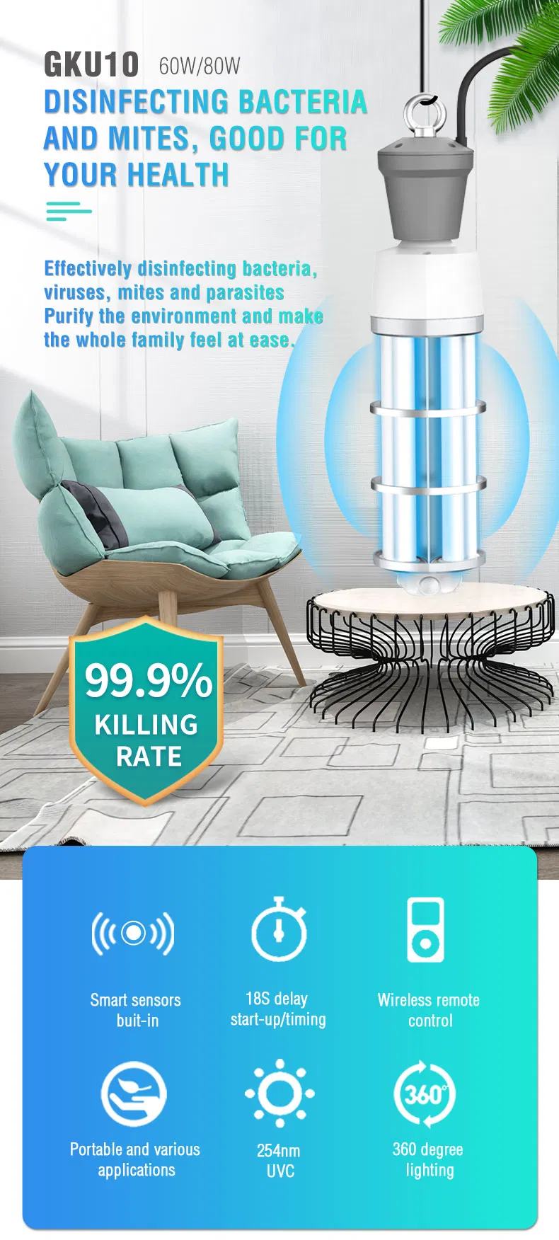 80W Intelligent 254nm UVC Lamp with Remote Control