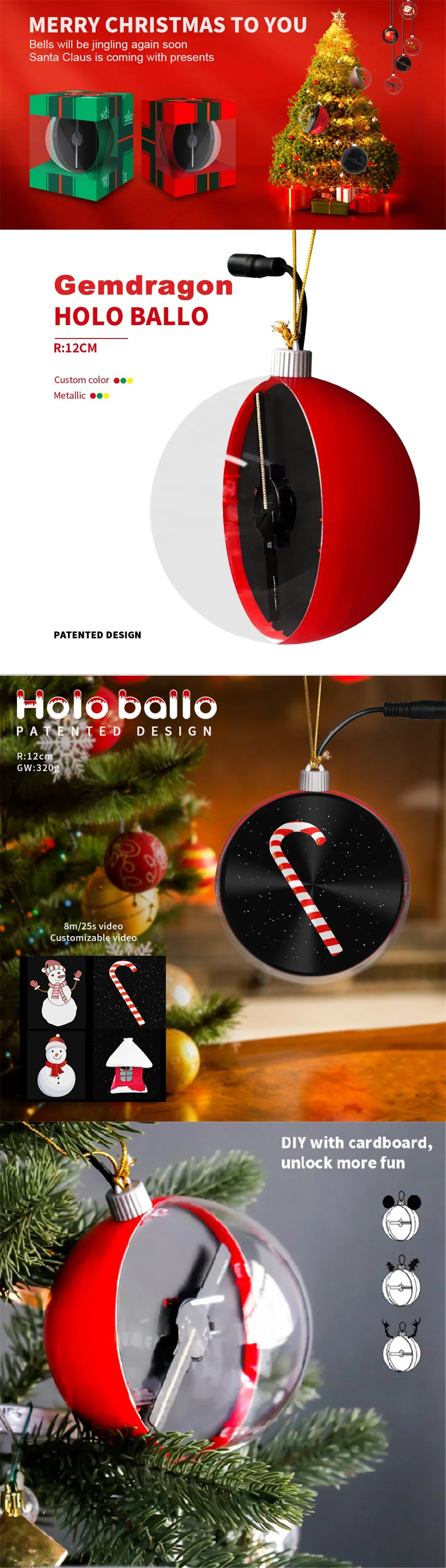 Gemdragon Holoballo 12 Cm Ball Shaped Christmas Lights with 3D Hologram Display for Christmas Decoration Supplies and Gifts Ideas