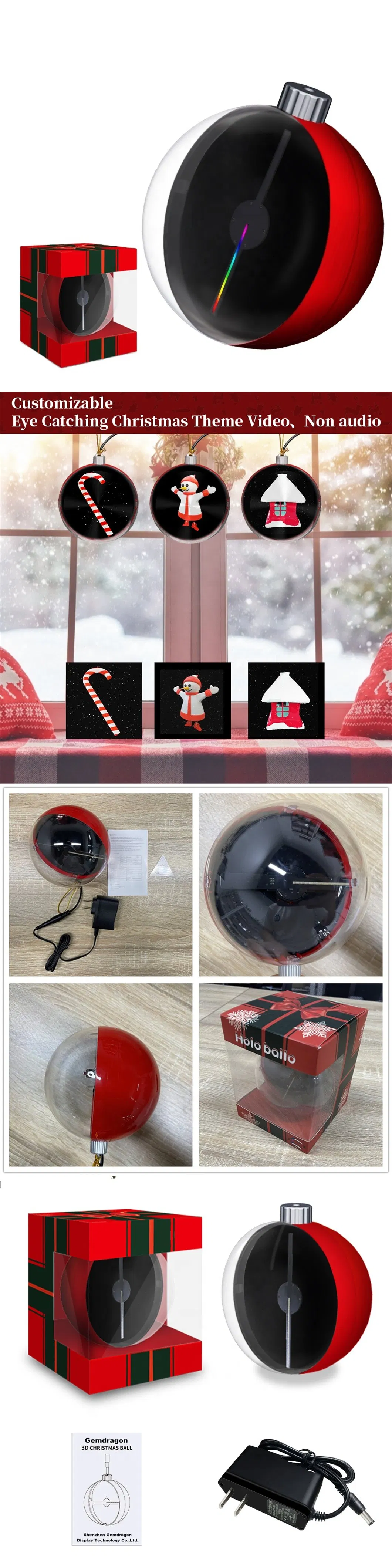 Holoballo 3D Holographic Advertising Projection Christmas Ball 12cm Diameter Hologram Display with Fixed Content LED Ball for Indoor and Outdoor