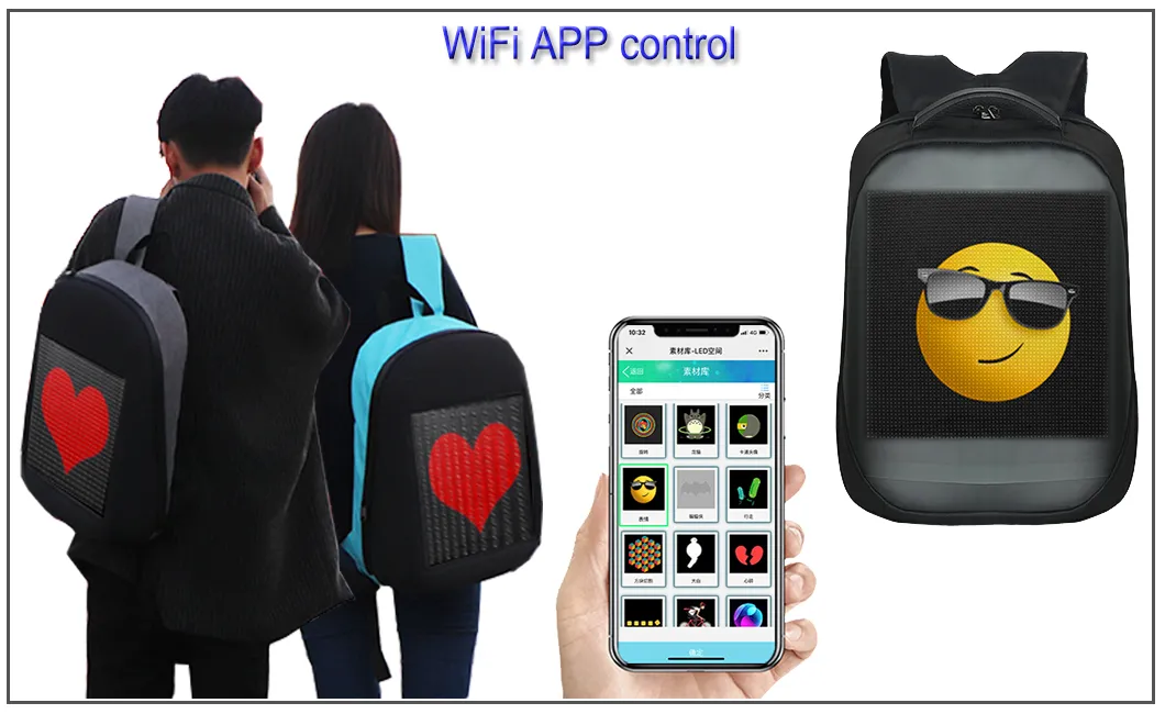 New Style Backpack Colorful LED Backpack with WiFi Connecting and Changing Image Smart Backpack