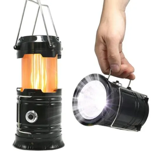 Portable and Foldable Multifunction 3 in 1 Camping Lantern Telescoping Flame Rechargeable LED Light with Hook and&nbsp; Solar Panel&nbsp; on The Top