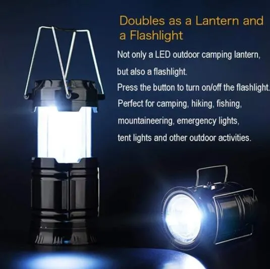 Portable and Foldable Multifunction 3 in 1 Camping Lantern Telescoping Flame Rechargeable LED Light with Hook and&nbsp; Solar Panel&nbsp; on The Top