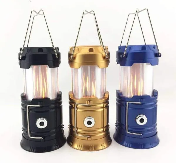 Portable and Foldable Multifunction 3 in 1 Camping Lantern Telescoping Flame Rechargeable LED Light with Hook and&nbsp; Solar Panel&nbsp; on The Top